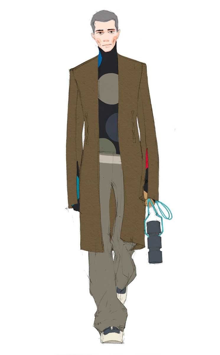 Look 16. Long coat with cutted sleeves, dots pattern turtleneck top with gloves, oversized pants, cylinder bag and sneakers