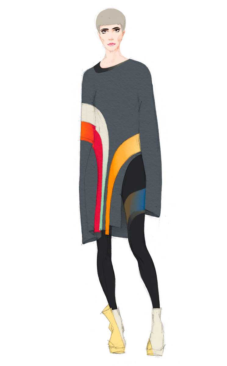 Look 22. Asymmetric oversized sweater with gradient lines, leggings with gradient lines and asymmetric mid heel boots