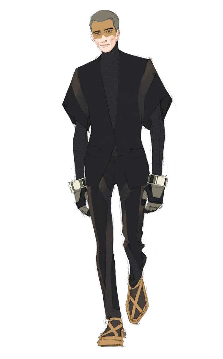 Look 05. Short-sleeved suit with gradient details, turtleneck long-sleeved top, sock sneakers and heavy spacesuit gloves