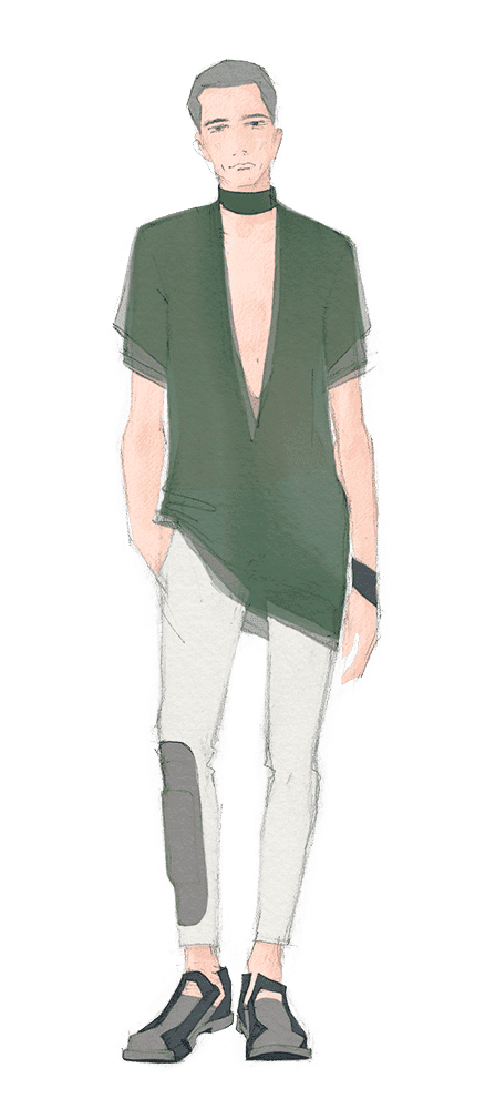 Look 24. Layered semi-sheer v-neck t-shirt, trousers with patch, leather bracelet and double-colour derby shoes with straps