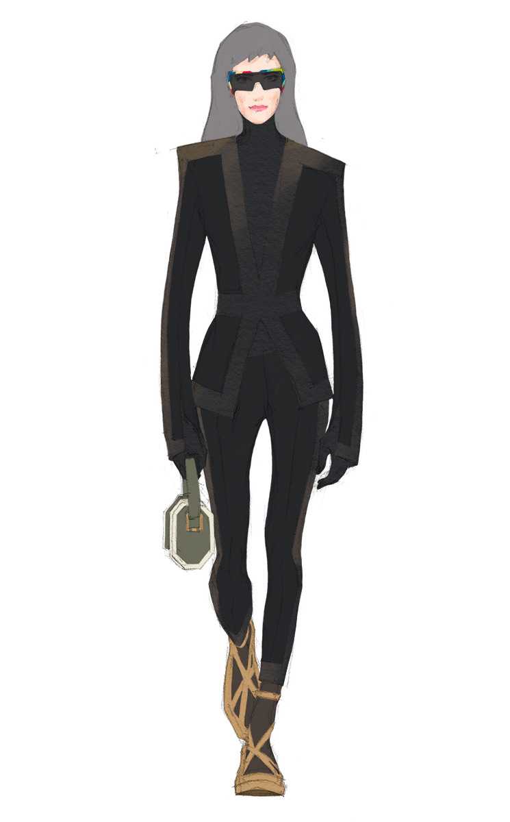 Look 04. Tight-fit suit with gradient details, turtleneck top, leather gloves, sock sneakers, sunglasses and box handbag