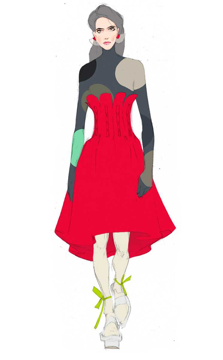 Look 15. Open red dress, dots pattern turtleneck top with gloves, leggings, high platform sock sandals and fan earrings