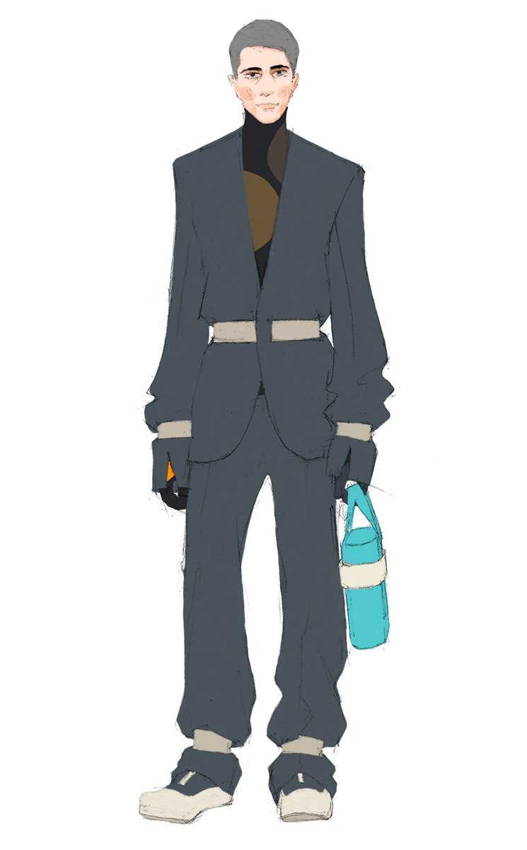 Look 13. Suit, belts, dots pattern turtleneck top with gloves, briefcase with contrast line and contrasting toecap sneakers