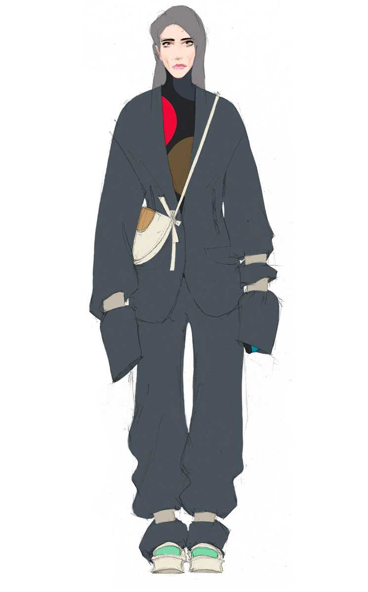 Look 12. Oversized suit, belts, dots pattern turtleneck top with gloves, fan shounder bag and high platform sandals