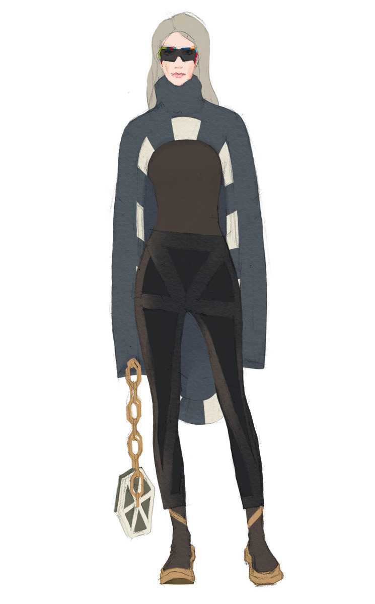 Look 07. Oversized sweater with contract details, trousers with gradient details, sock sneakers and box handbag with chain