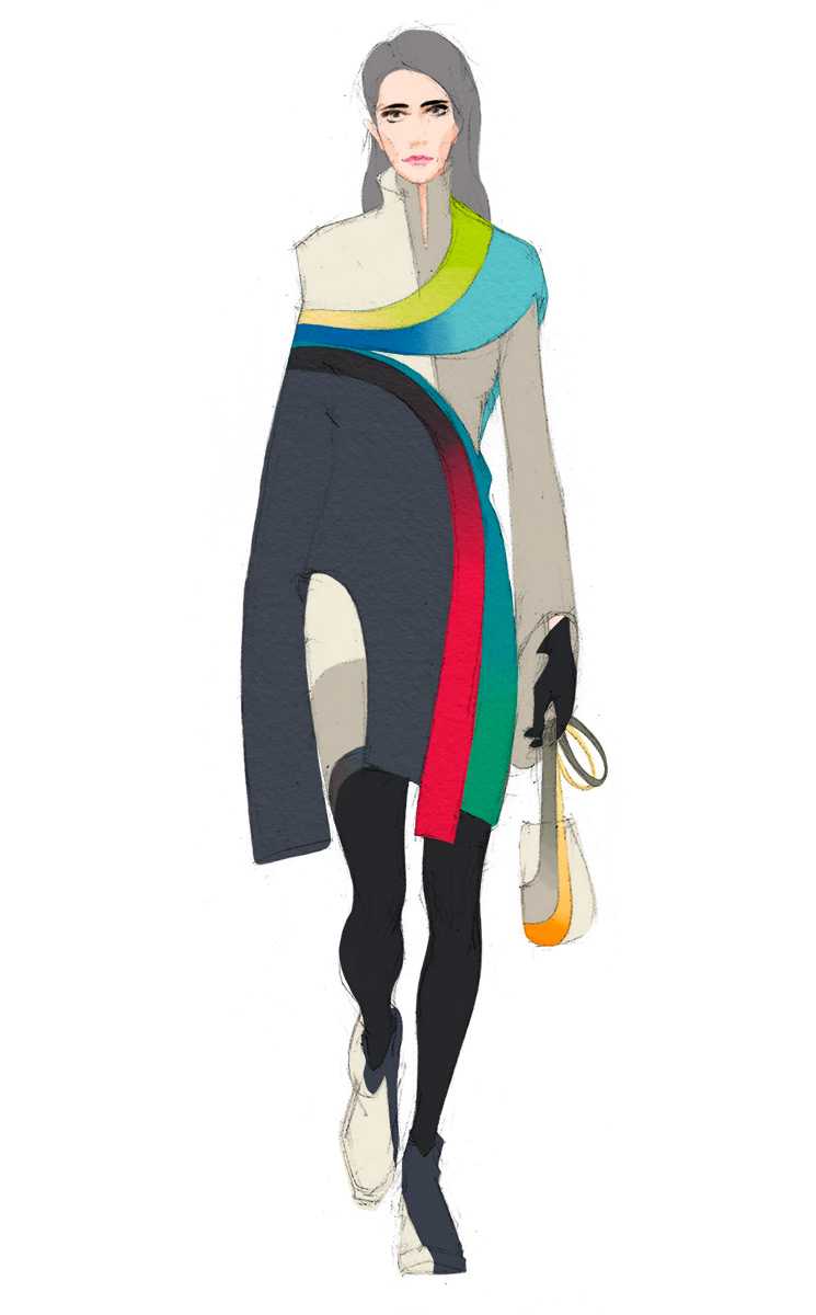 Look 20. Asymmetric double-layer jacket, asymmetric sweater with gradient lines, leggings, asymmetric shoes and mini handbag