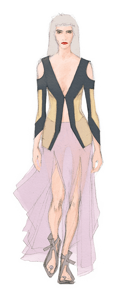 Look 22. Tailored jacket with open shoulders and transparent panels, long layered semi-sheer skirt and sandals with straps