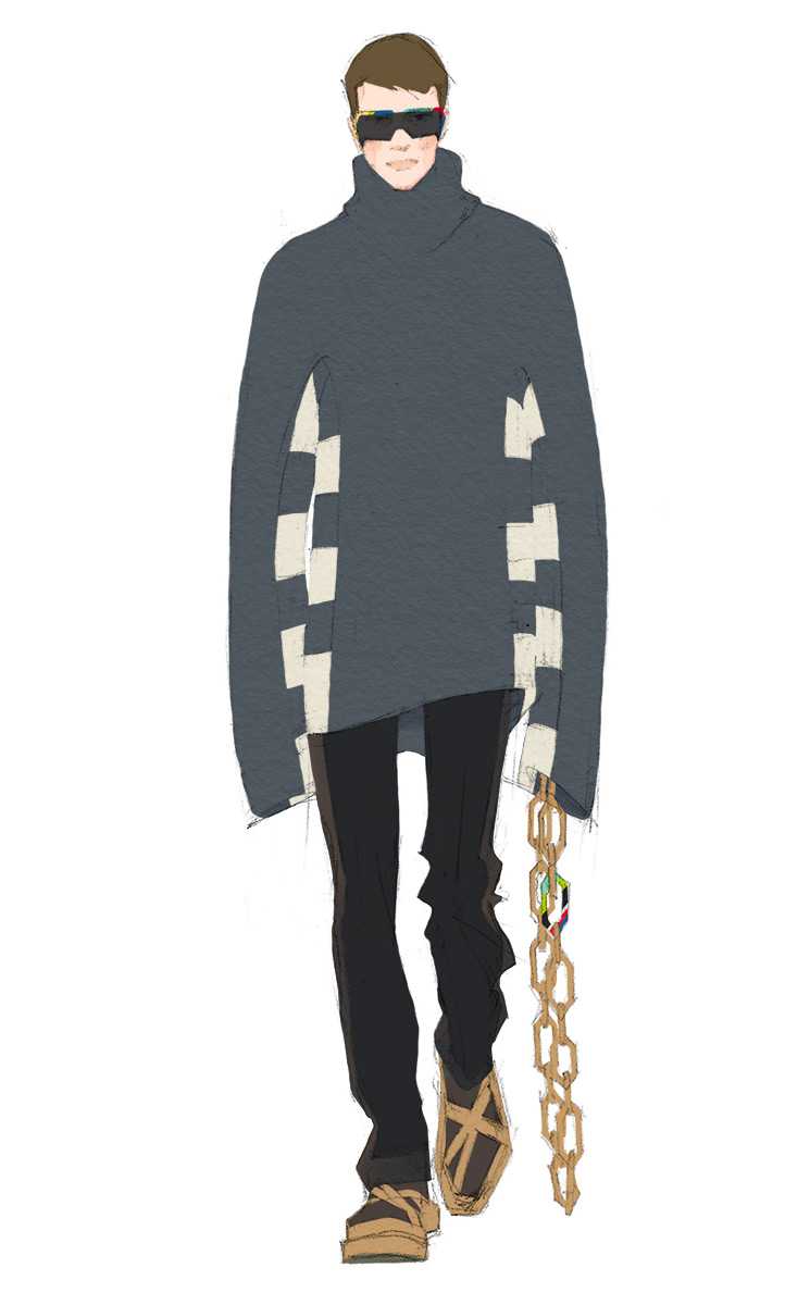 Look 08. Oversized high-neck sweater, trousers with gradient details, sock sneakers, colour-frame sunglasses and heavy chain