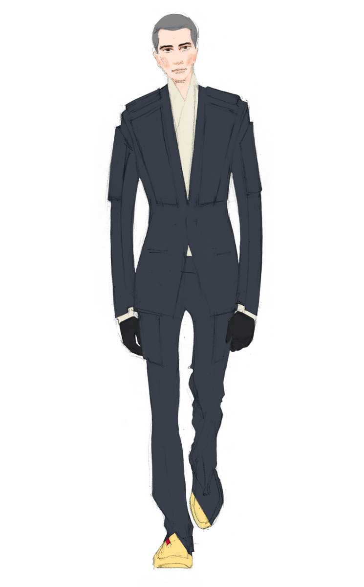 Look 17. Suit with armour-style details, shirt with v-shaped neck, leather gloves and asymmetric colored brogues