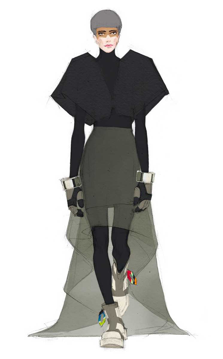 Look 01. Angular top, long-sleeved tight turtleneck dress, long semi-sheer skirt, leggings, heavy boots with chain and gloves